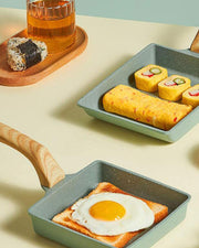 Non-stick stone square flat frying pan with wooden handle